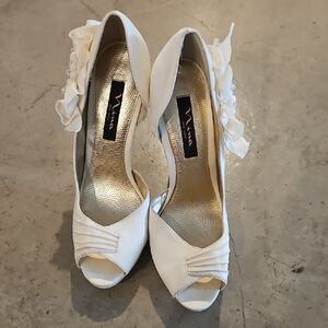 Nina Ivory Peep-Toe Heels with Floral Detail